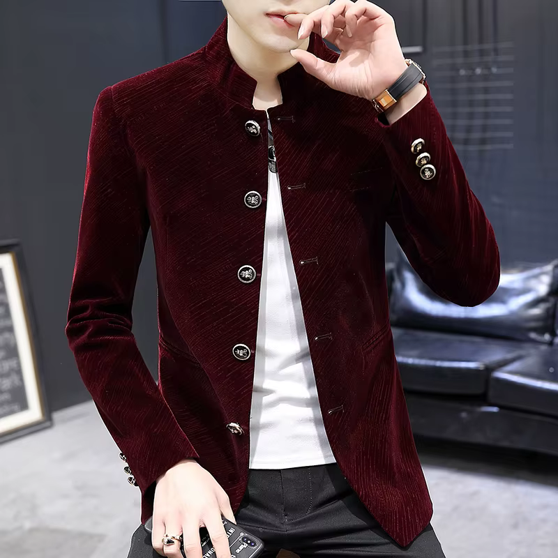 Veste de costume en velours rétro de luxe pour hommes, mode Slim Fit col montant, Blazer Masculino décontracté, vêtements de cérémonie, manteau