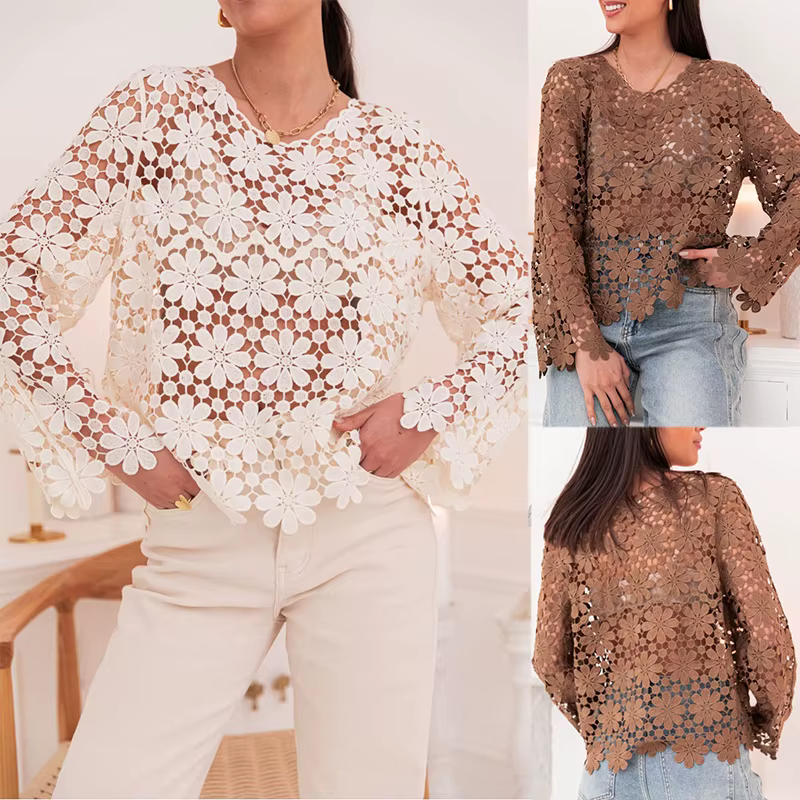Pull en maille ajourée à motif floral pour femme