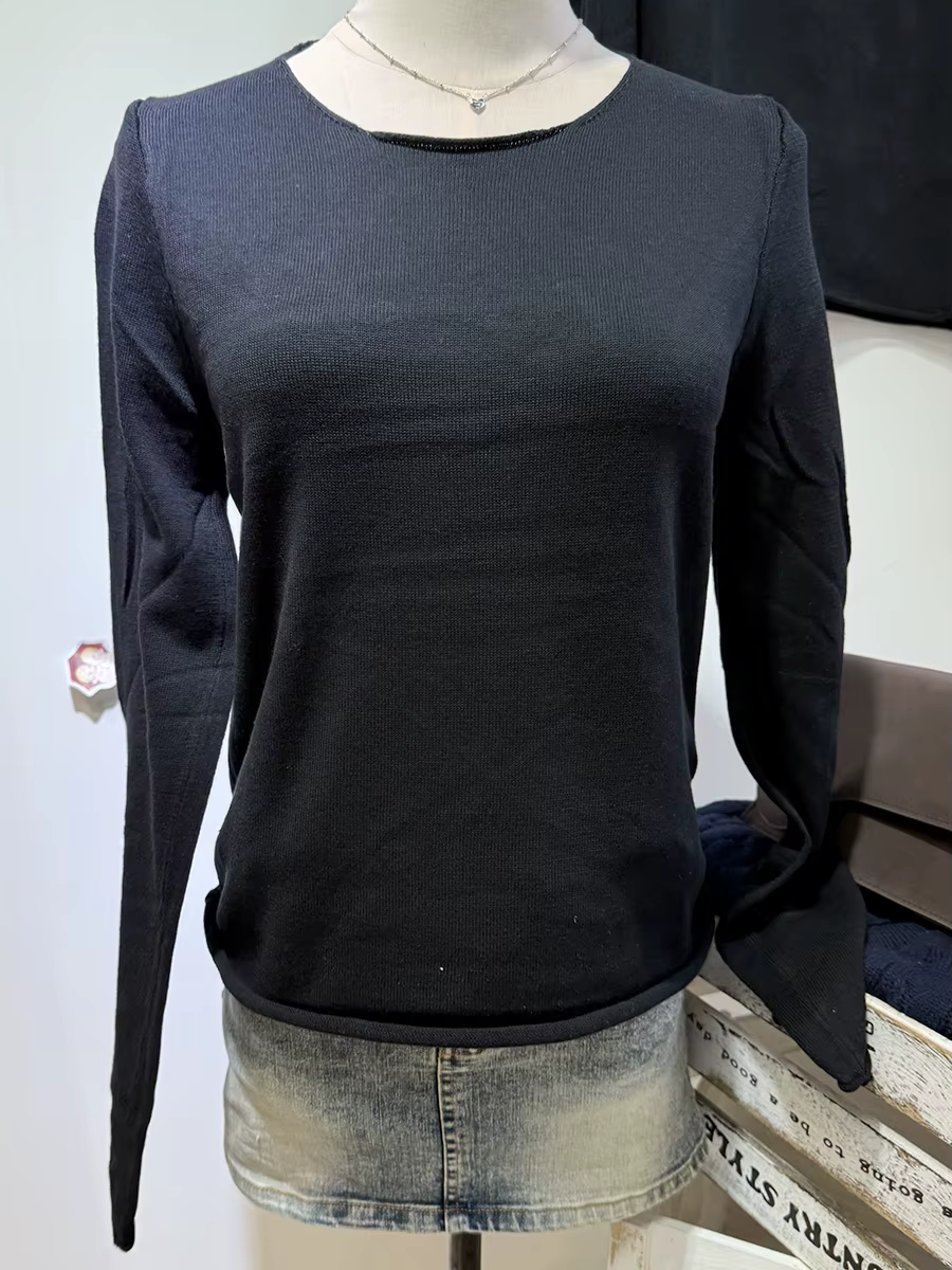 T-shirt femme en coton bleu marine tricoté, streetwear vintage chic pour femmes, automne hiver