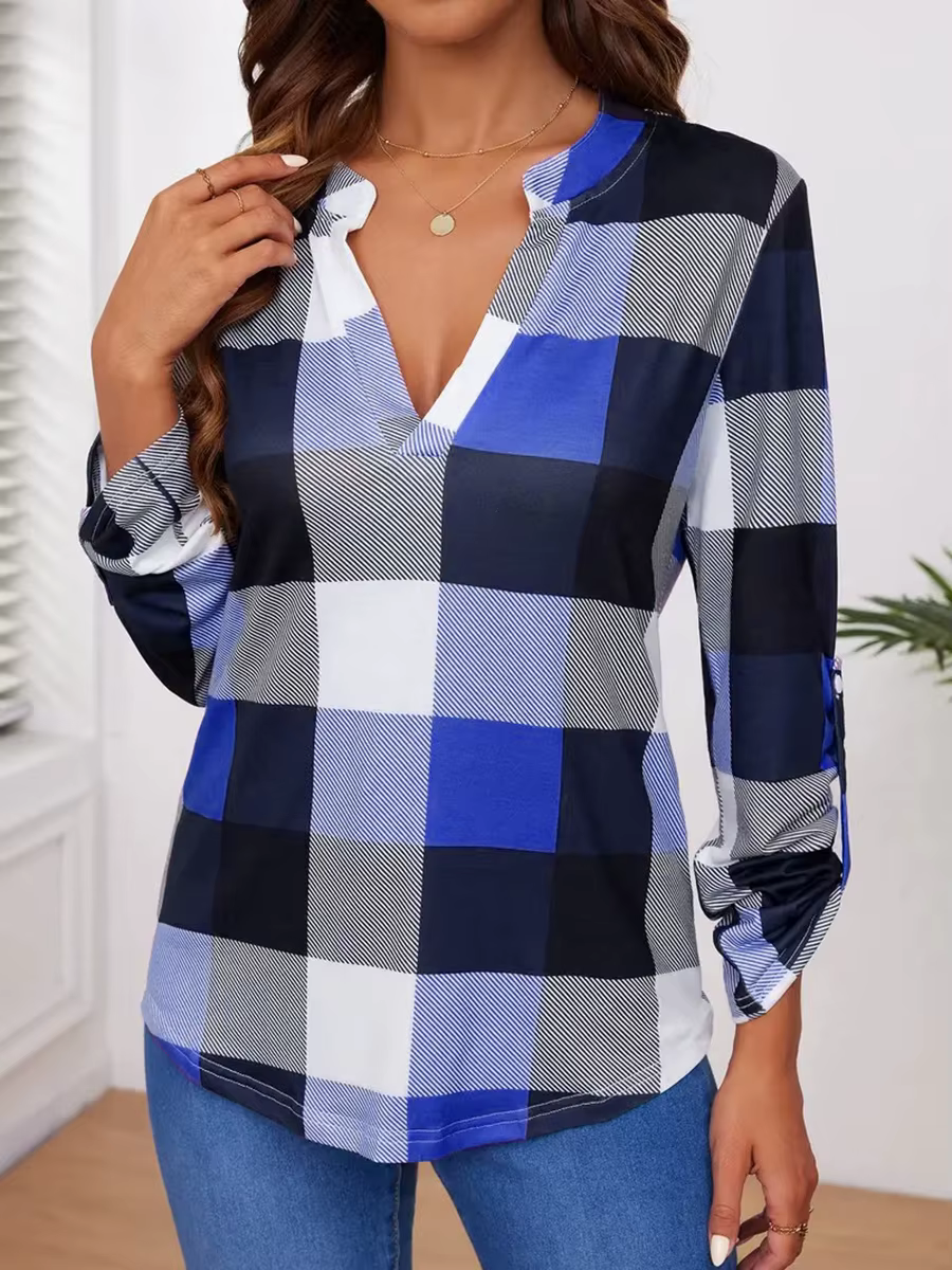Chemisier à carreaux pour femme, col en V, manches longues, décontracté, ample, style vintage, printemps automne, pull, vêtements féminins