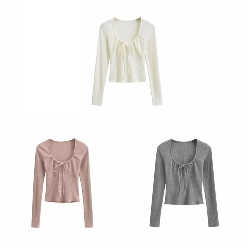 T-shirt à col carré pour femmes, coupe ajustée, couleur unie, manches longues fines, chemise de base, avec lacets, printemps automne