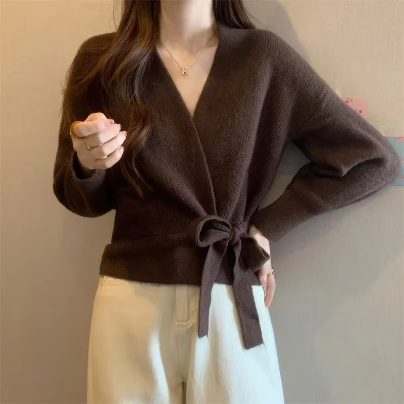 Cardigan portefeuille tricoté pour femmes, avec cravate latérale, surplis sur le devant, veste pull, automne hiver, mode élégante pour dames