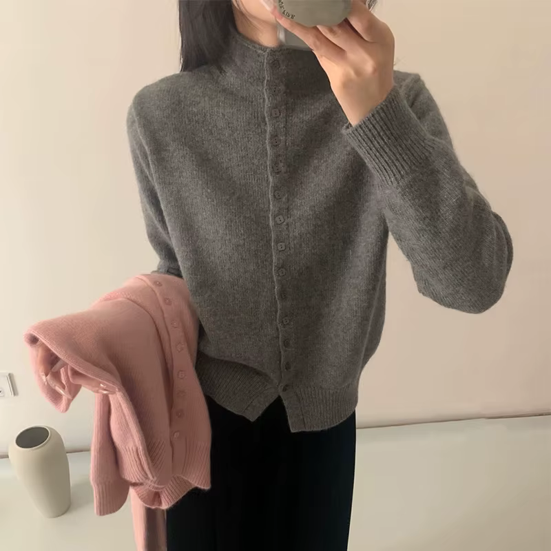 Cardigan boutonné élégant pour femmes, pull tricoté doux, mode coréenne, col roulé, automne hiver