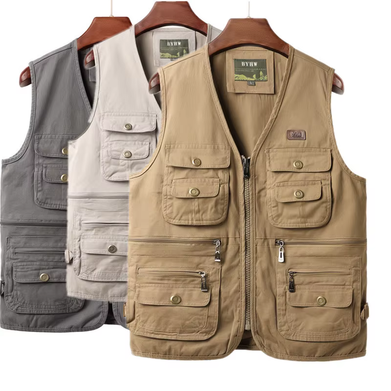 Gilet pour homme multi-poches sans manches, veste cargo pour homme, vêtements de travail en plein air, voyage, randonnée, gilet en coton