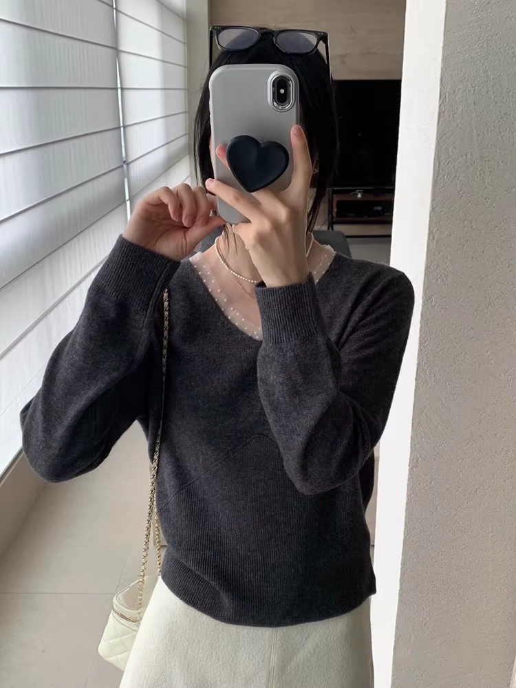 Pull coréen Patchwork à pois col en v pulls femmes Sueter Mujer à manches longues doux