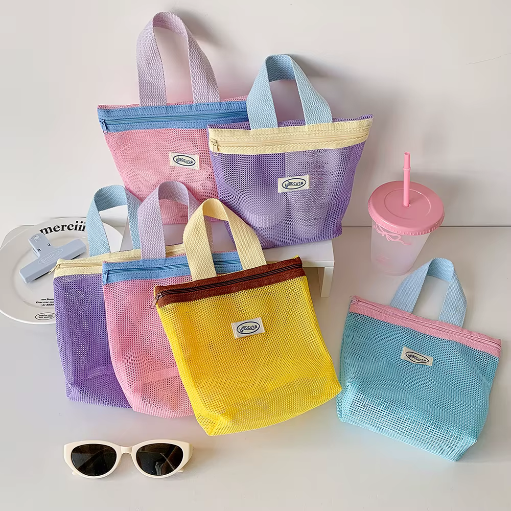 Sac à main en maille, sac de maquillage, pochette de maquillage pour femmes, sac de lavage Portable, sac de plage, clé Mobile, sacs de rangement pour petits articles, organisateur