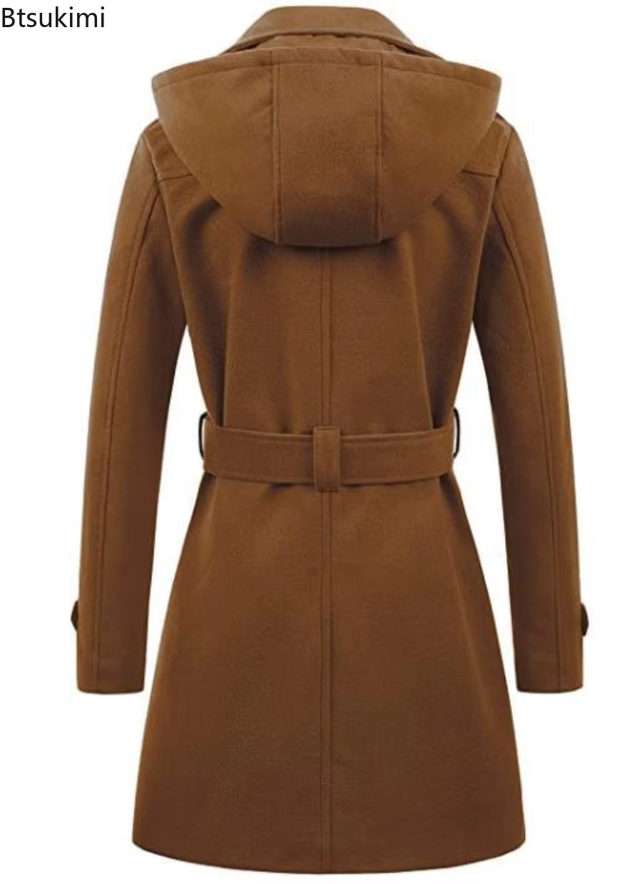 Vestes à capuche mi-longues pour femme, pardessus à Double boutonnage, revers en laine, col rabattu, veste chaude d'hiver, Streetwear