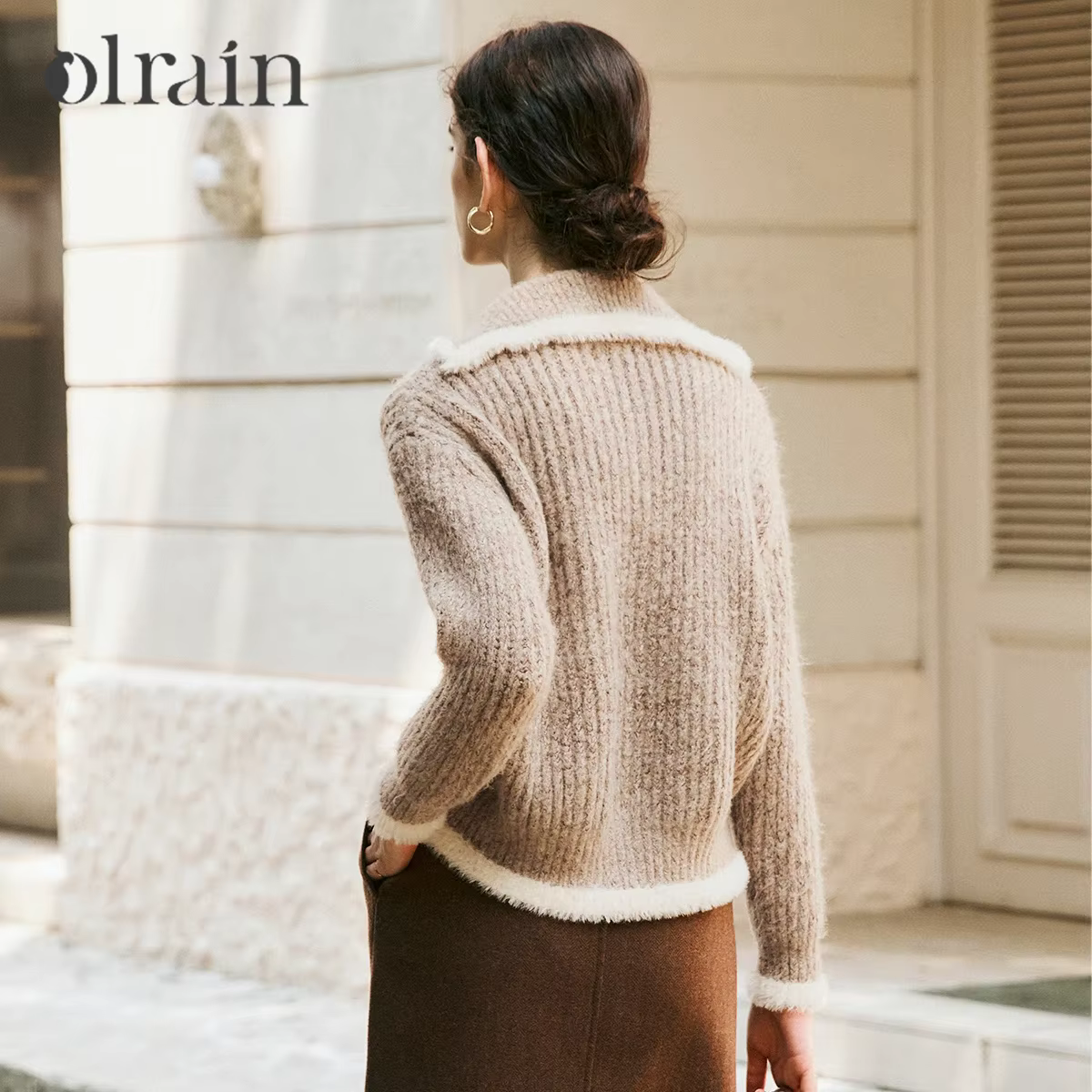 OLrain Cardigan Marron Style Français Femme 2026 Nouvelle Collection Automne Col Rabattu Manches Tombantes Tricot Zippé O56DM95269