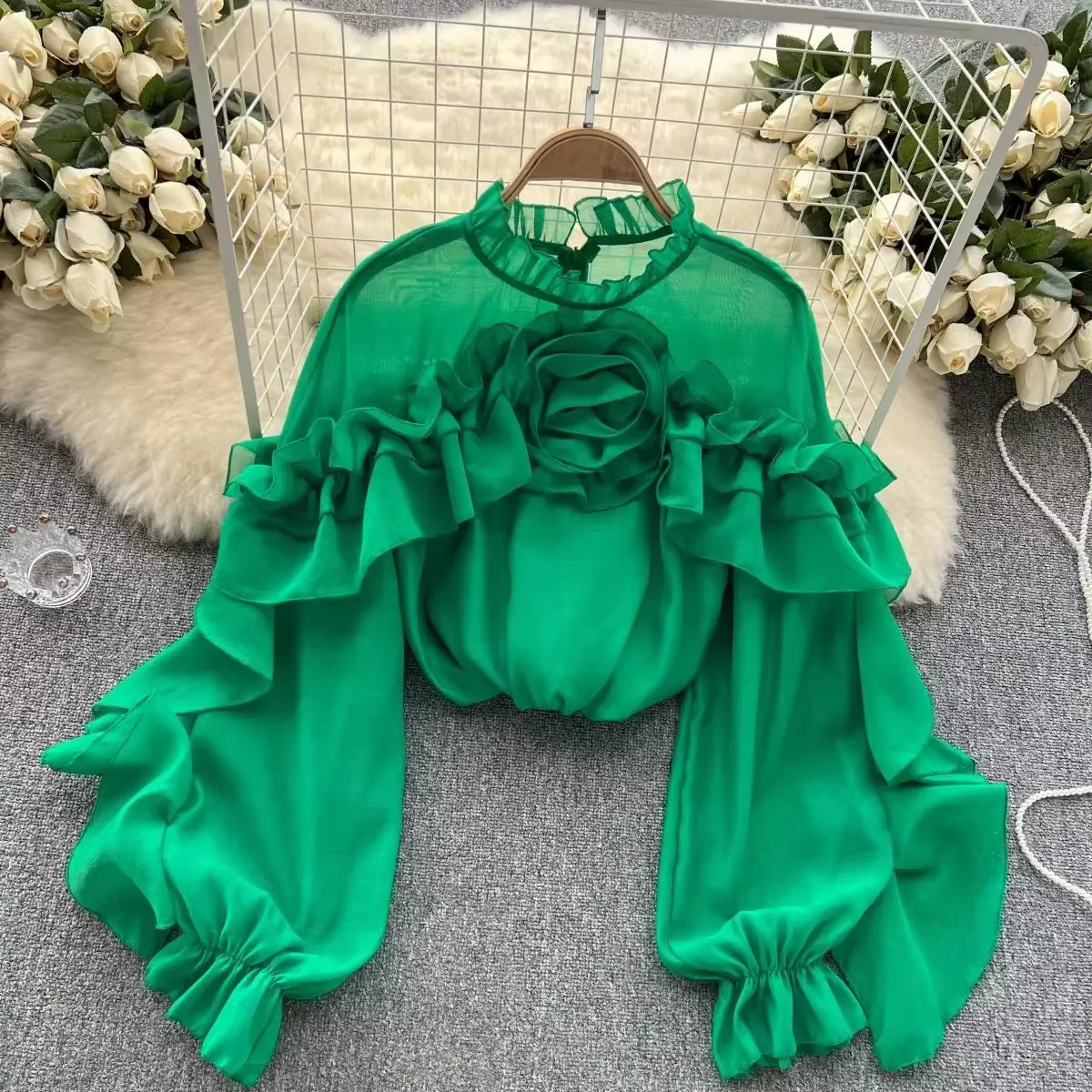Chemisier en mousseline de soie à volants pour femmes, manches lanternes, mode, Slim, ample, vacances, dames, Y2K, décontracté, Chic, été