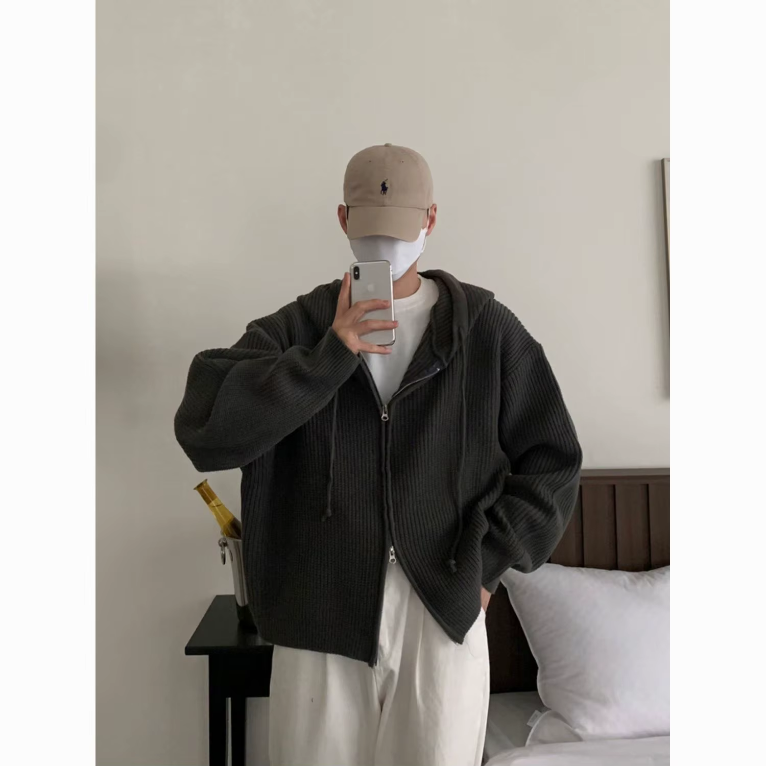 Cardigan à capuche pour homme, automne, polyvalent, décontracté, couleur unie, fermeture éclair