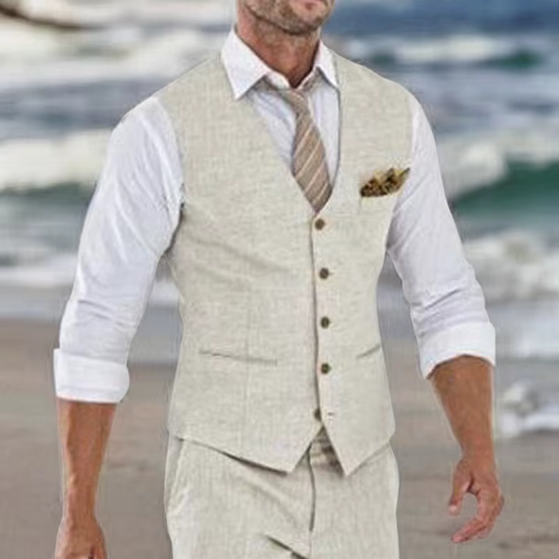Gilet de costume en lin Beige pour hommes, gilet une pièce de plage d'été de mariage, col en V, coût de la mode masculine