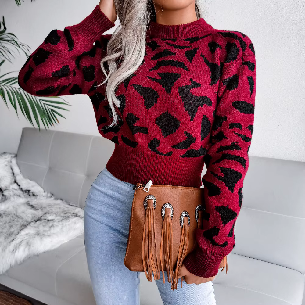 Pull tricoté décontracté à col rond et manches longues pour femme