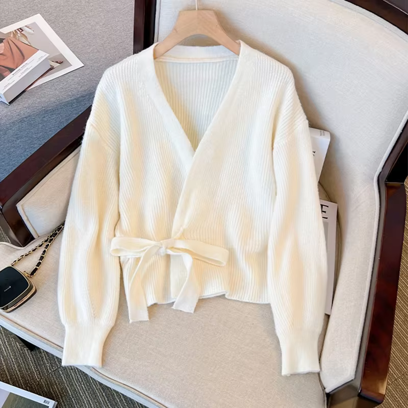 Cardigan portefeuille tricoté pour femmes, avec cravate latérale, surplis sur le devant, veste pull, automne hiver, mode élégante pour dames