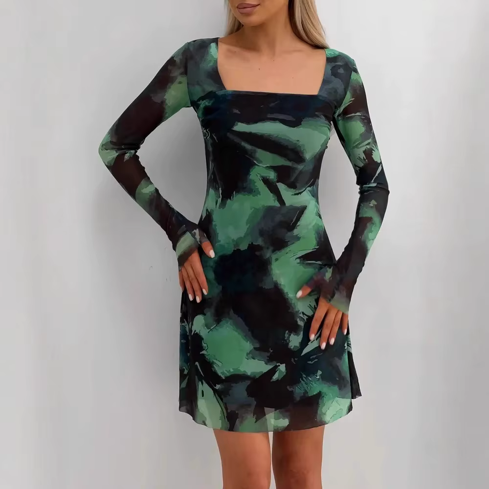 Robe longue à col carré pour femmes, manches longues, sexy, personnalité, mode, doublée, style A