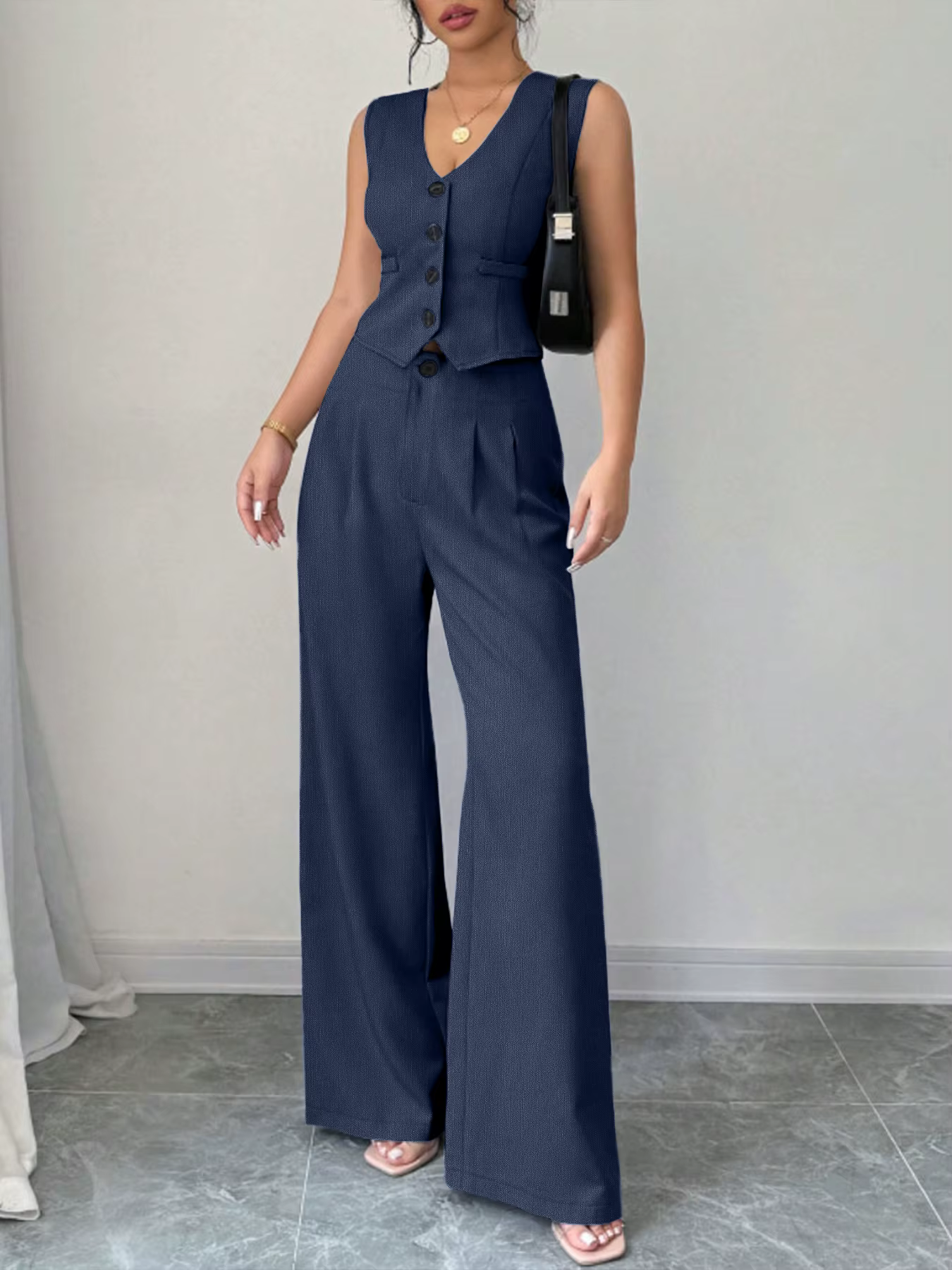 Ensemble tailleur pantalon femme printemps-été bleu marine, gilet sans manches et pantalon large taille haute, élégant pour le bureau ou décontracté, tenue deux pièces