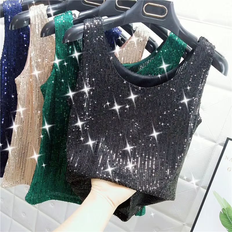 Gilet à paillettes scintillantes et col rond pour femmes