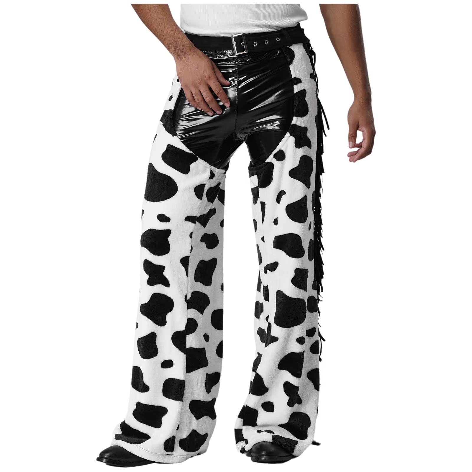 Costume de cosplay de cowboy western rétro pour homme, gilet en flanelle à imprimé vache, pantalon de motard, bandana, tenues d'Halloween