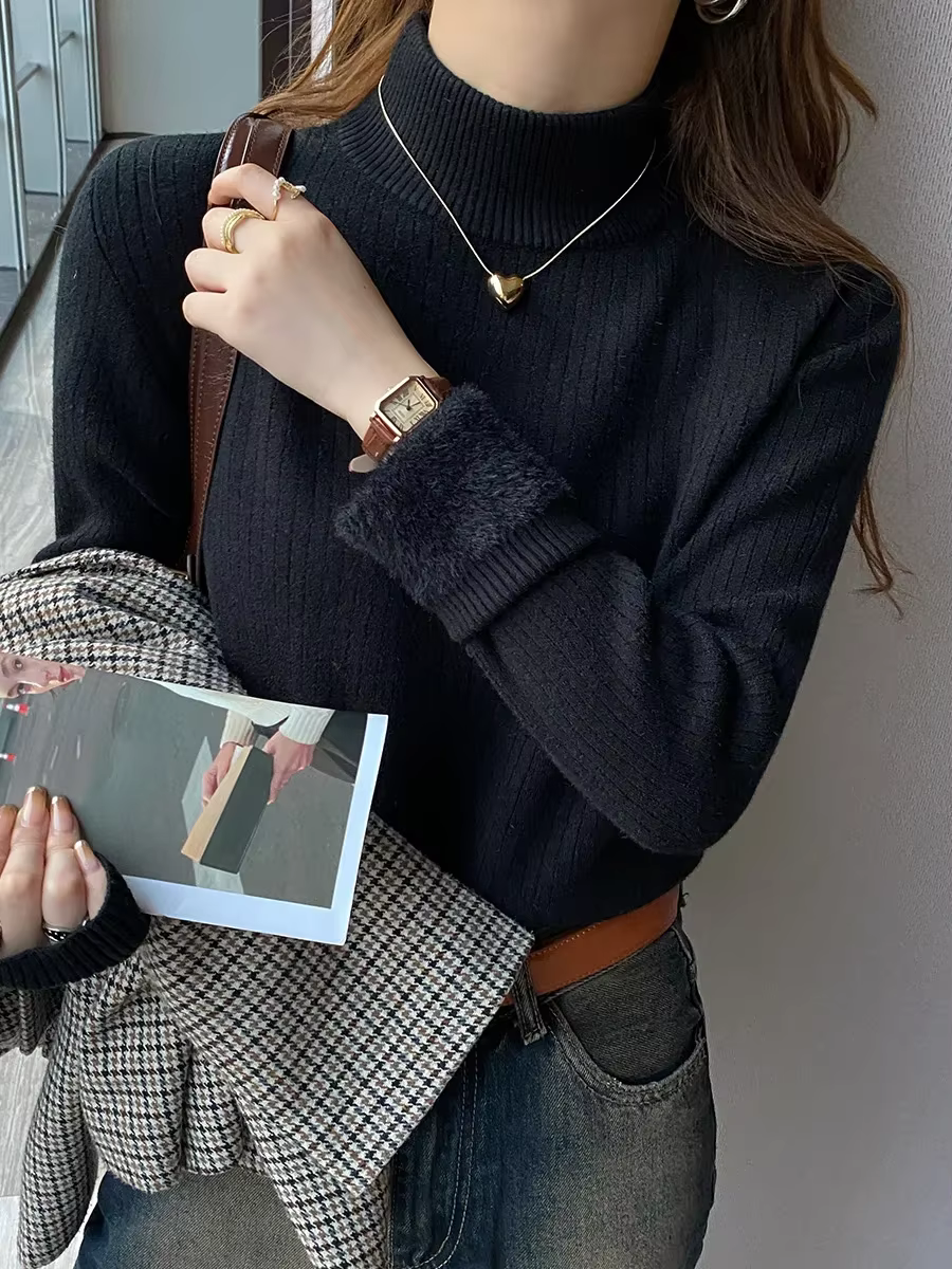 Pull à col roulé rétro pour femmes, en acrylique et coton, doublure en velours, pour automne-hiver, confort et élégance