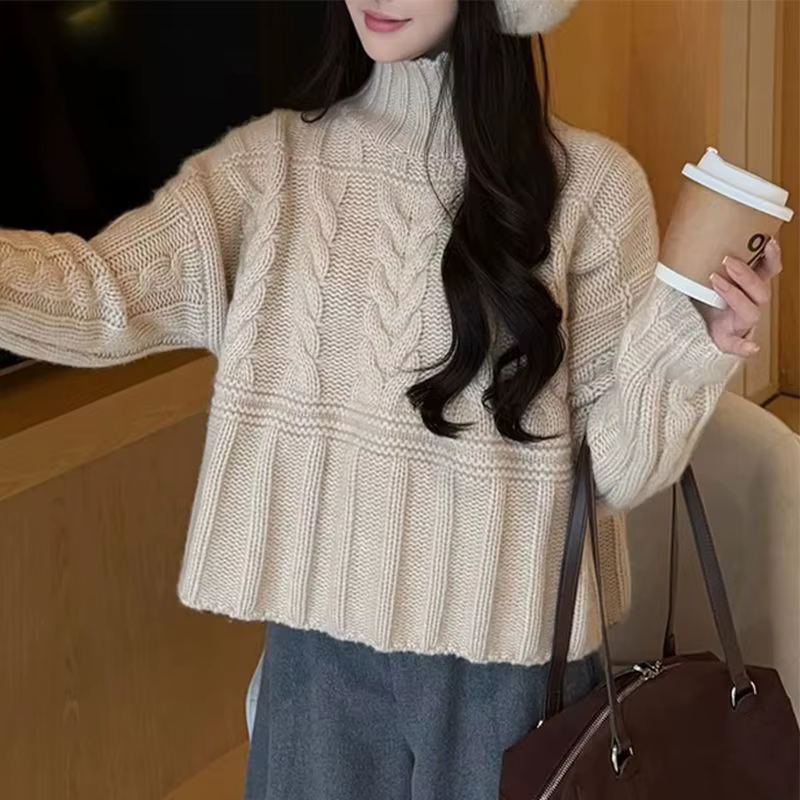 Nouveau pull torsadé semi-col roulé pour femme