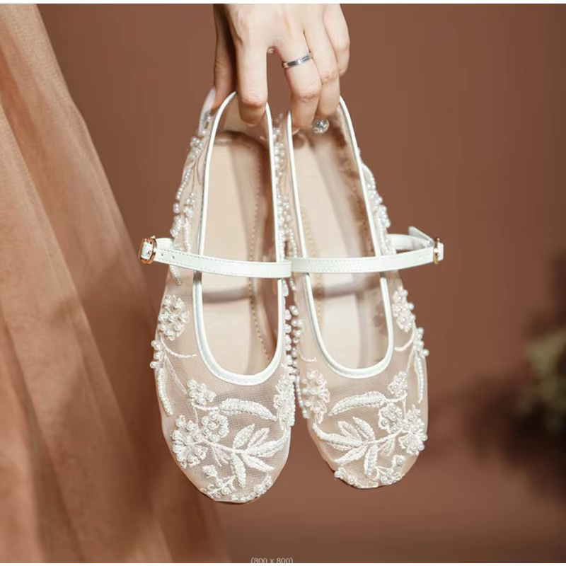 Chaussures plates pour femmes, style ballerines Mary Jane, avec broderie en maille et perles, boucle tendance, respirantes, confortables, à talon bas et semelle souple