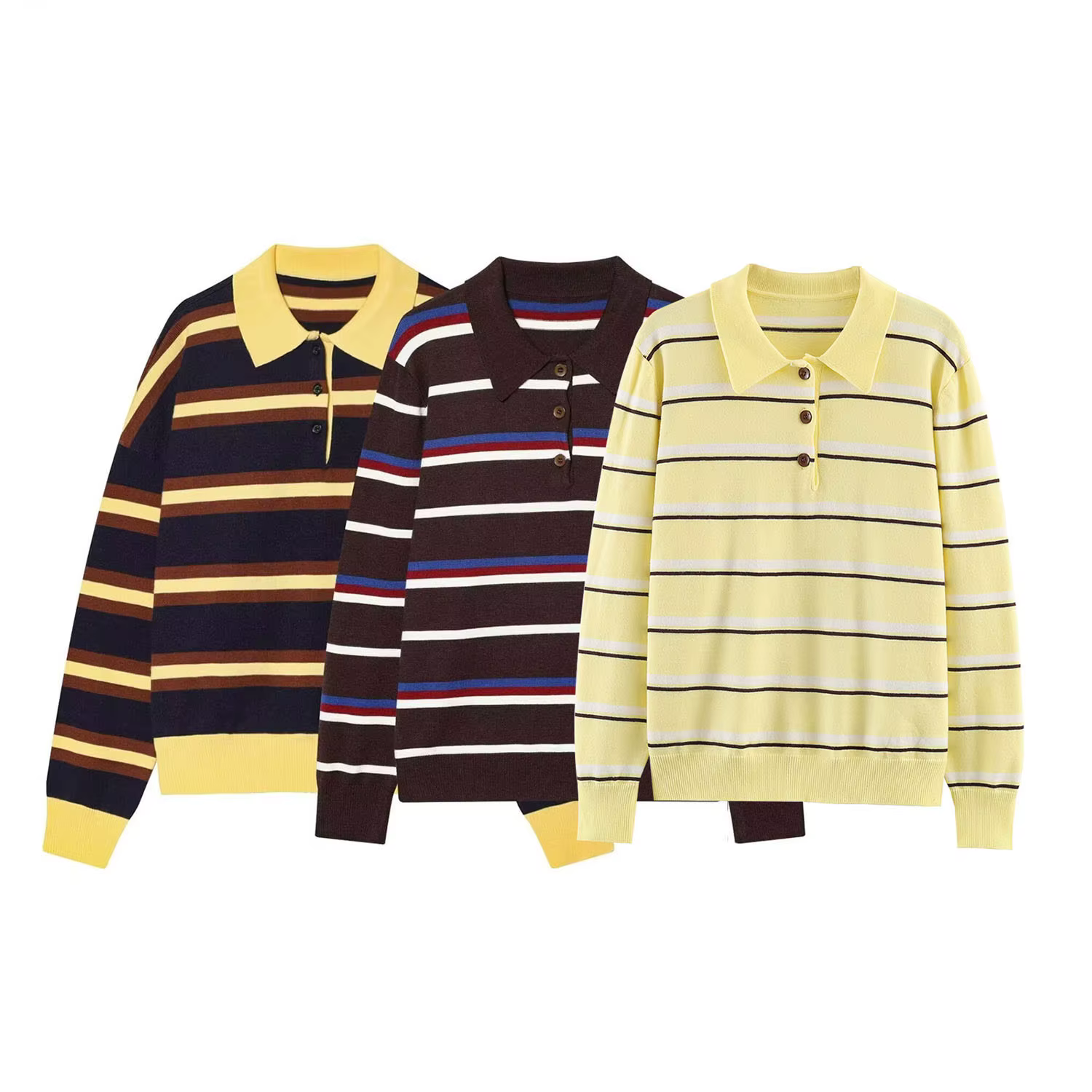 Pull en maille rayé à col polo style européen et américain pour femme
