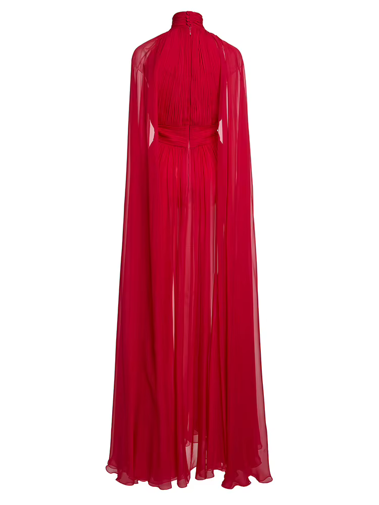 Robe de soirée rouge en mousseline de soie, col haut, manches Cape, robe Maxi plissée élégante pour Occasions formelles, robe longue de bal de qualité