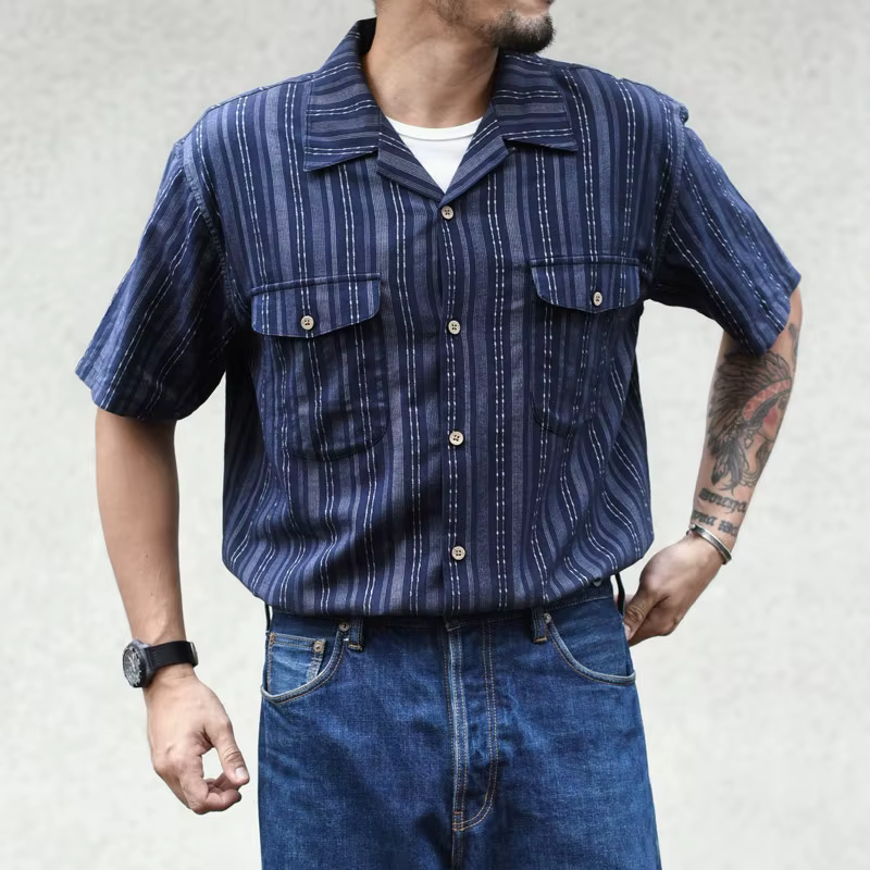 Chemise à manches courtes en jacquard pour hommes, col cubain, chemise d'été décontractée à rayures vintage pour hommes