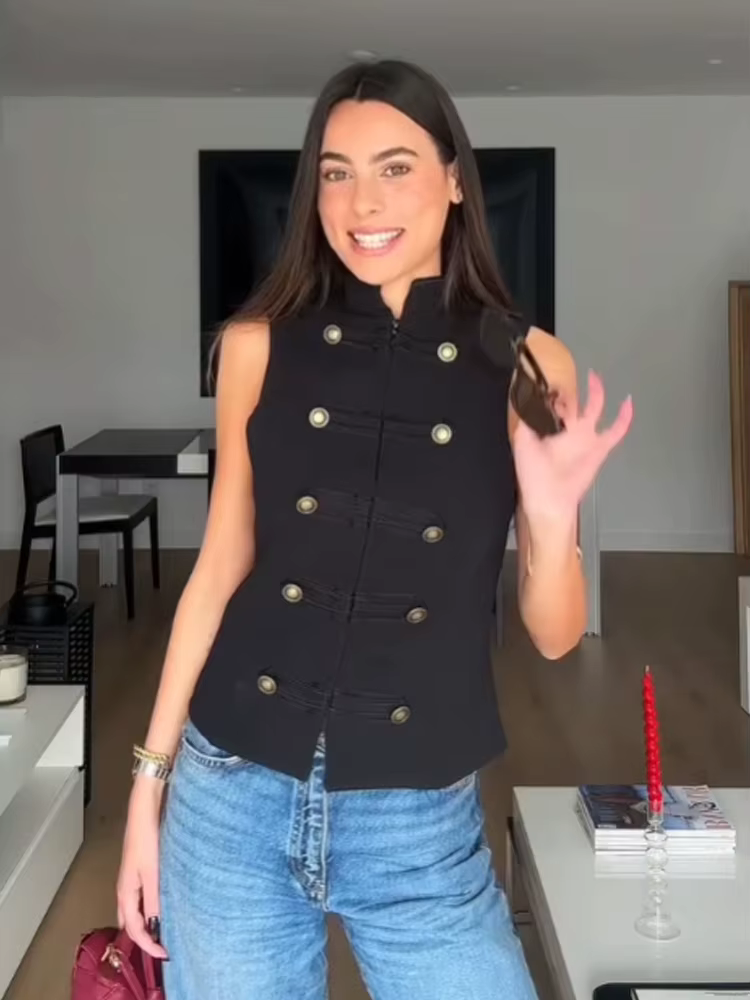 Gilet Femme Élégant et Polyvalent à Col Montant et Boucle en Corde