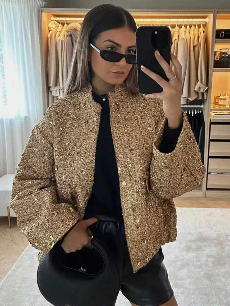Veste élégante à col rond doré à paillettes pour femmes