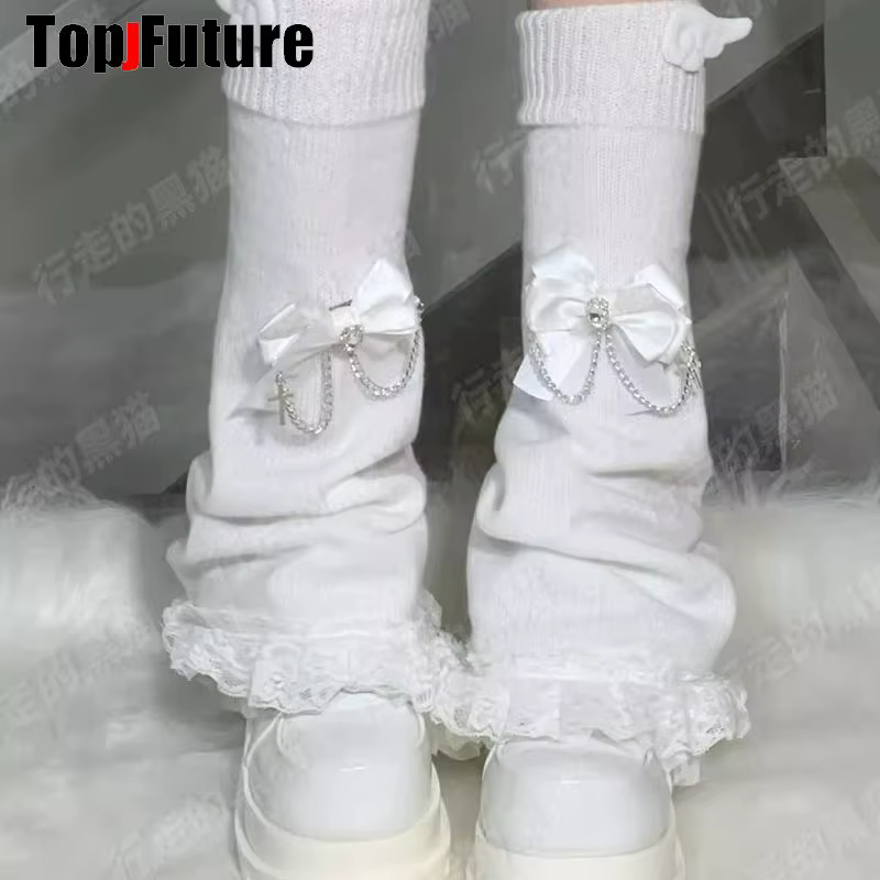 Jambières pour femmes et filles, style Harajuku Punk Gothic Lolita Y2K, douces, avec nœuds, dentelle, volants et franges, motif ailes d'ange, pour l'hiver