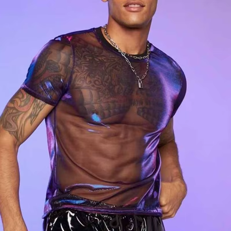 T-shirt en maille transparente brillante pour homme, col rond, manches courtes, haut sexy pour soirée, camisetas, haut transparent pour boîte de nuit, costume, t-shirts