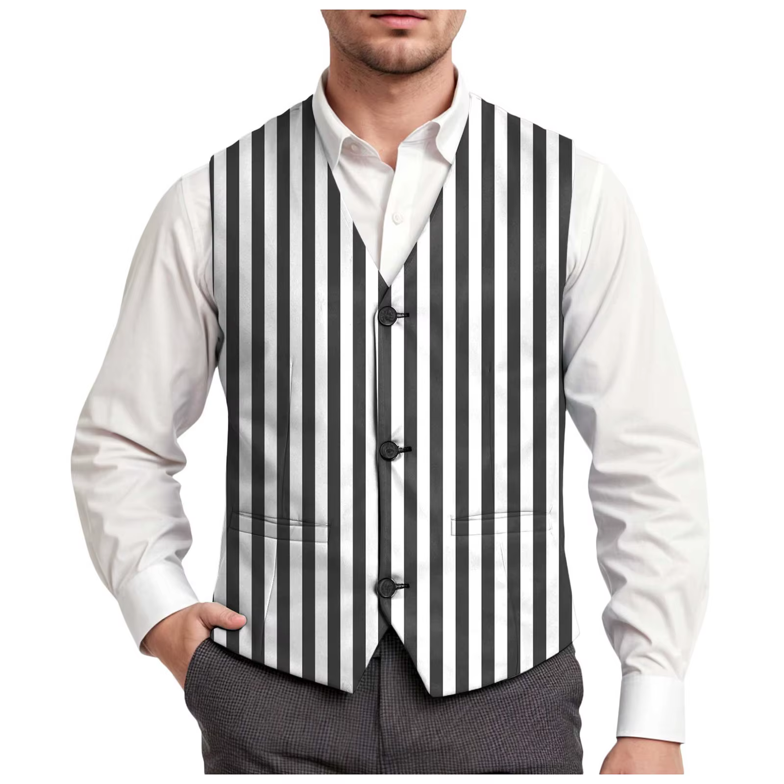 Gilet de Costume Homme Formel Business Rayé Slim Chic Col V Simple Boutonnage Sans Manches pour Mariage