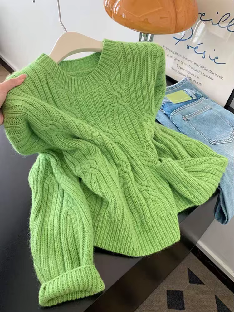 Pulls Verts Doux pour Femmes – Col Rond Tendance, Style Décontracté, Tricot Mignon, Coupe Ample, Style Preppy, Manches Longues, Automne Hiver