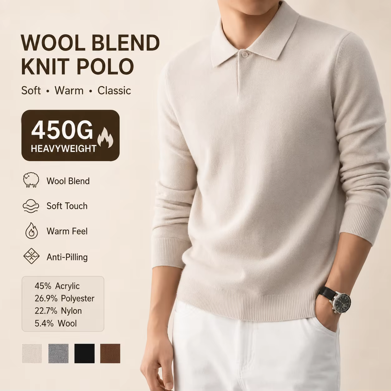 Pull en laine mélangée pour homme, tricot épais et chaud, anti-boulochage, toucher doux, manches longues, automne-hiver