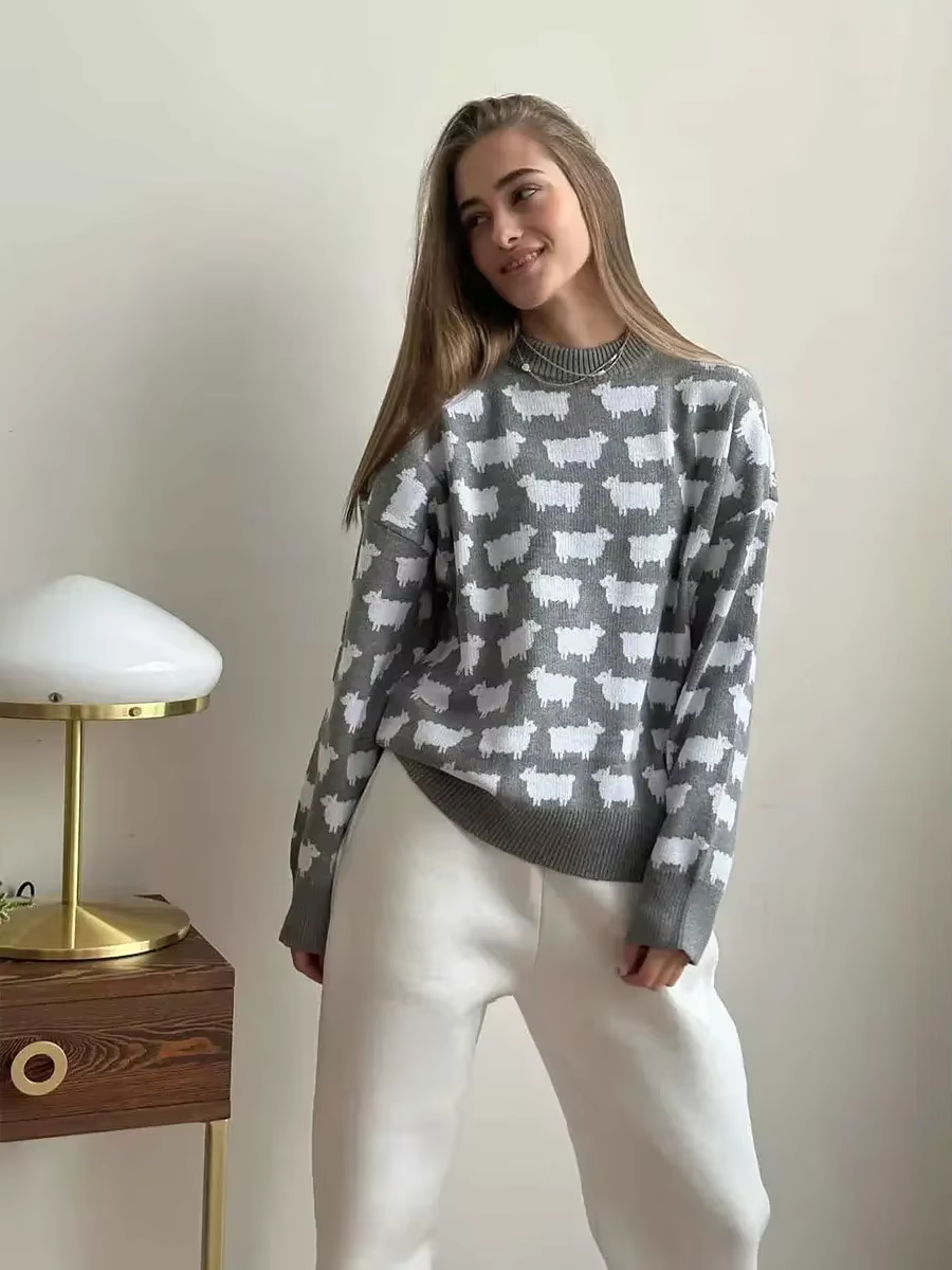 Bornladies-Pull imprimé alpaga à col rond pour femme