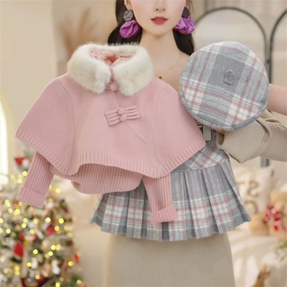 Ensemble de pulls pour filles 2026 Automne Hiver Nouveau Pull en tricot à col montant polyvalent pour bébé chaud Haut de base Jupe à carreaux Ensemble deux pièces