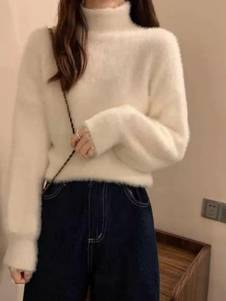 Pull à col roulé en laine de vison pour femme