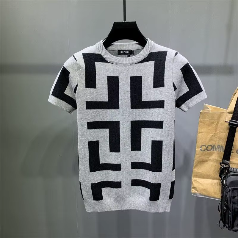 Pull à manches courtes pour hommes, Slim, grande taille, Jacquard, demi-manches, extensible, beau, à demi-manches