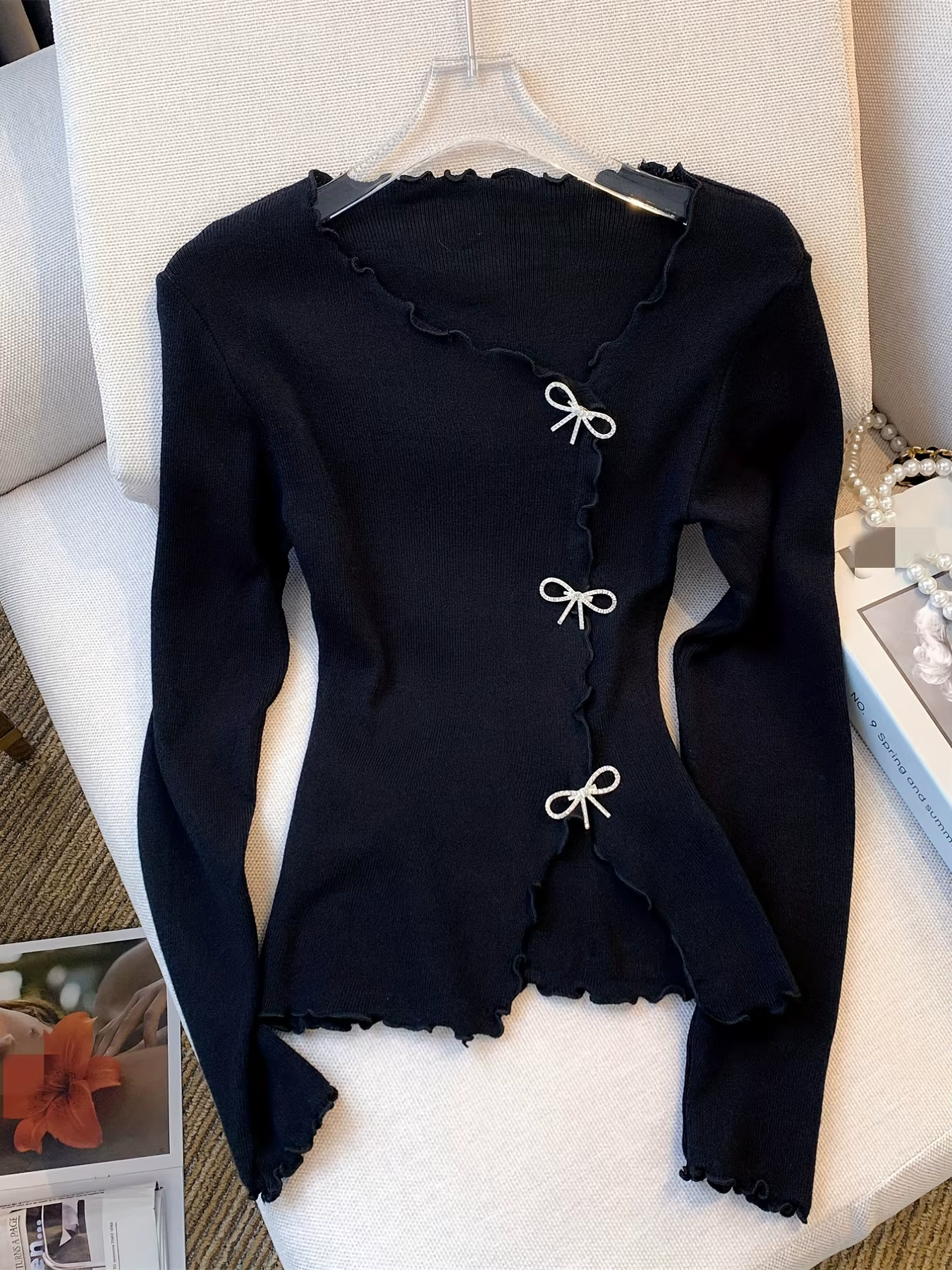Pull à manches longues abebey garniture laitue unie nœud papillon style Y2K pour femmes décontracté automne printemps occassionnels à offrir