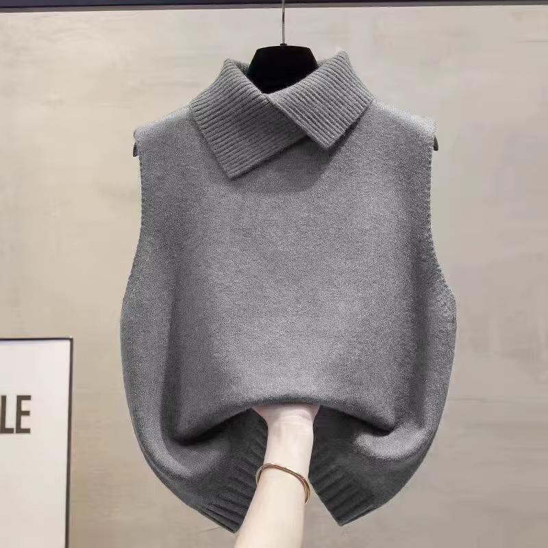 Nouveau gilet en tricot coréen uni à col rabattu sans manches