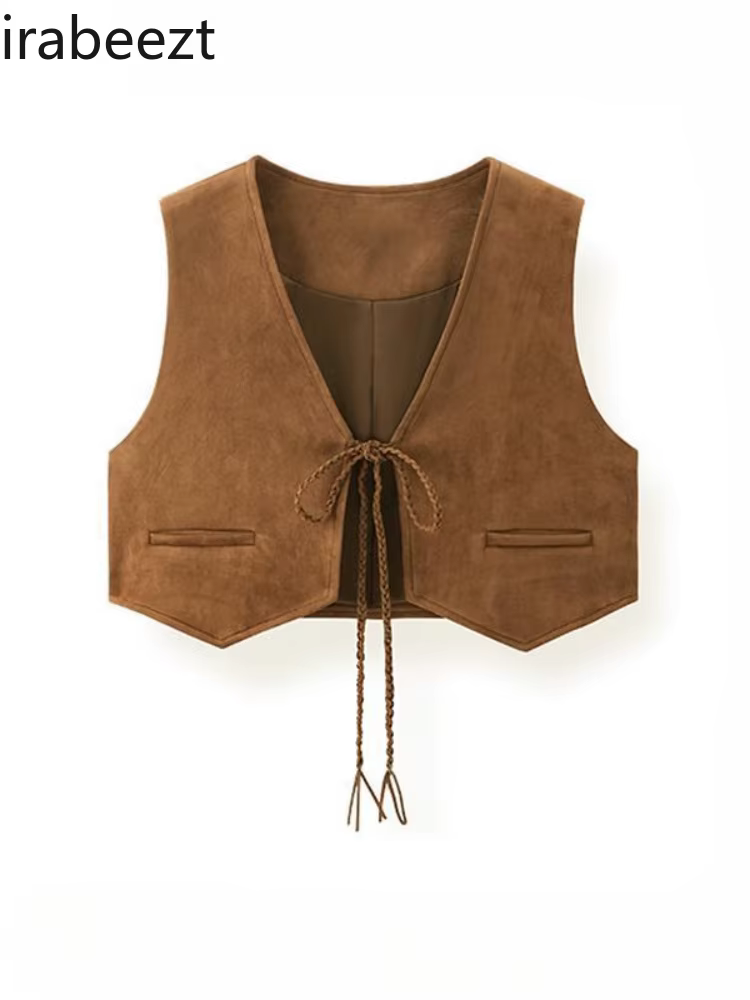 Cardigan en daim plié couleur café Vintage à lacets col en v gilet femmes automne hiver Style court Casaco Feminino