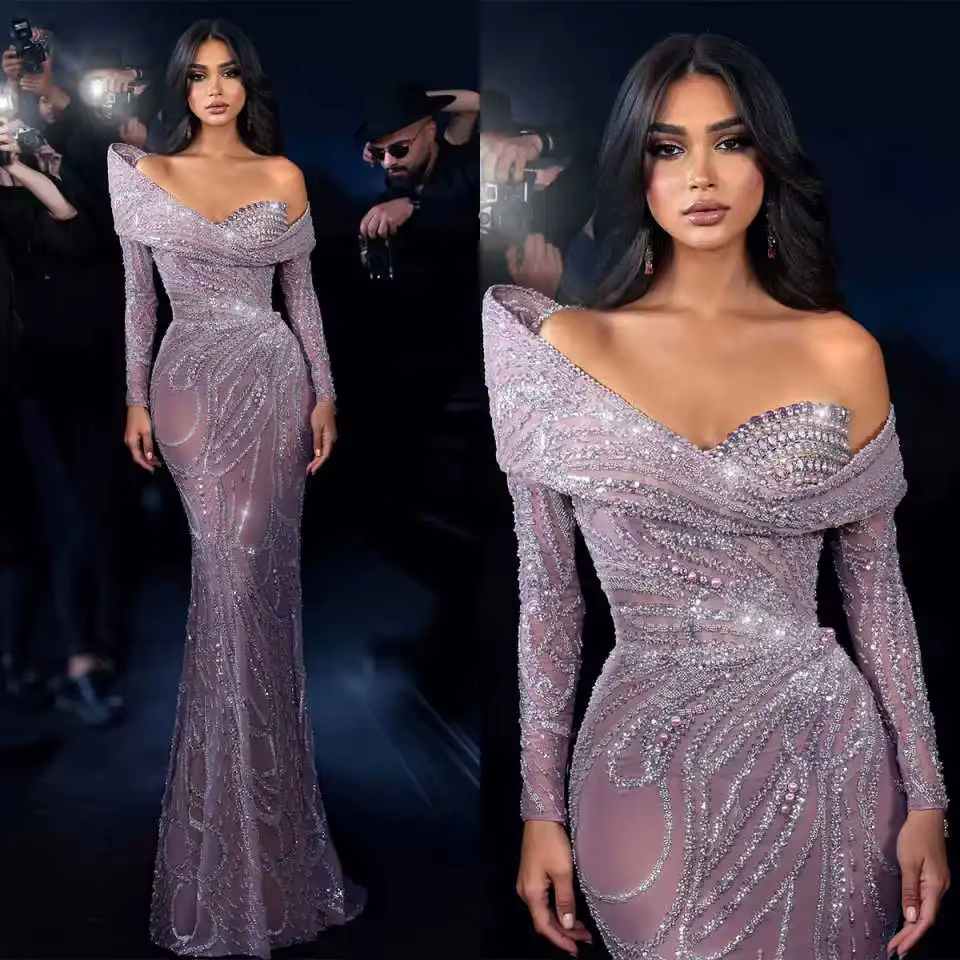 Robe de soirée sirène personnalisée, col bateau, élégante, luxe, asymétrique épaule dénudée, avec des Appliques perlées, longueur au sol, perles magnifiques, robe de bal