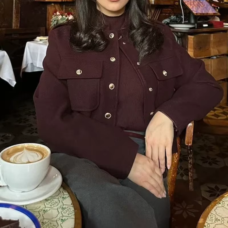 Veste courte à col montant pour femmes, manteau Vintage décontracté à Double boutonnage