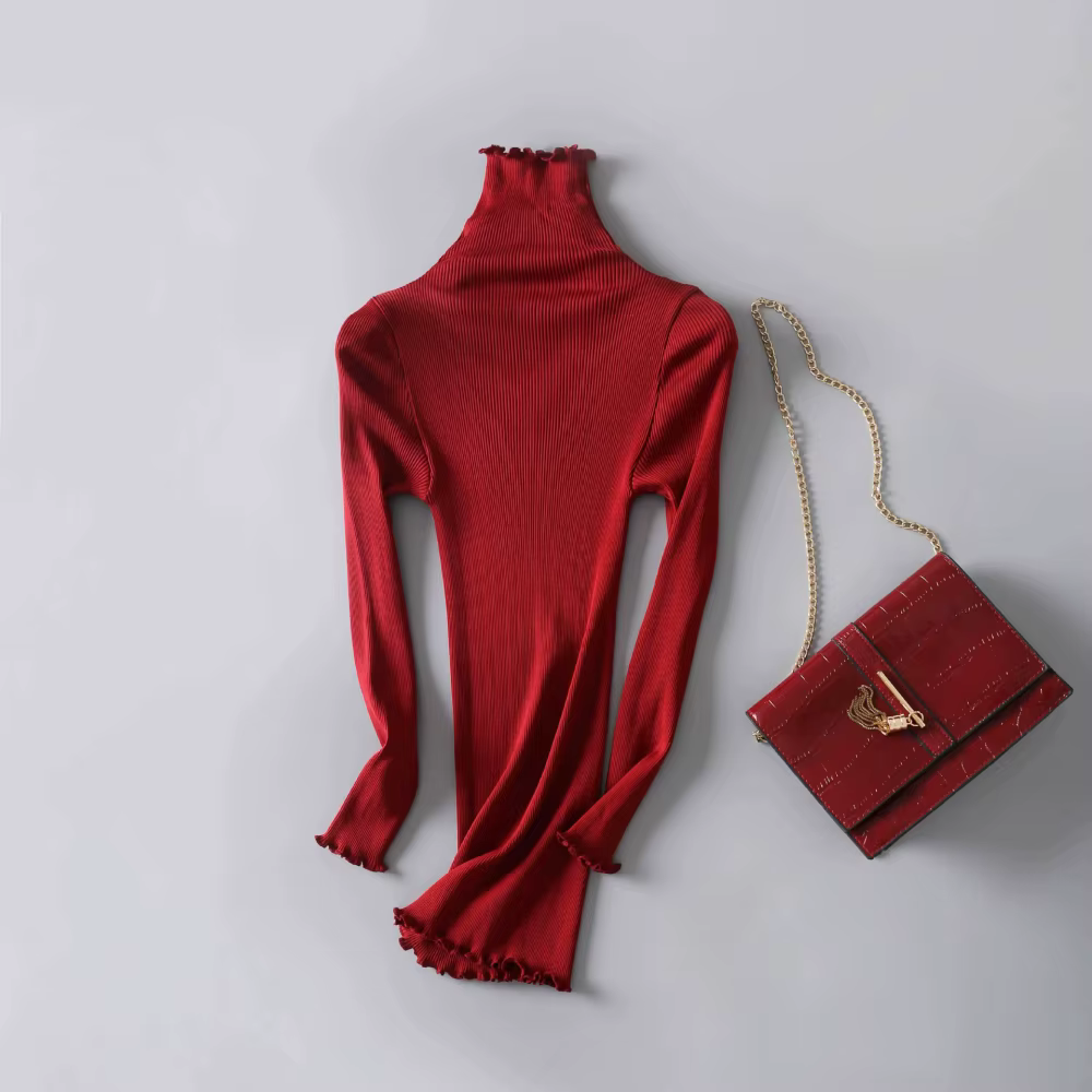 Birdsky, femmes à manches longues col roulé pull hauts t-shirts volants col haut coupe ajustée allongée côtes 70% soie