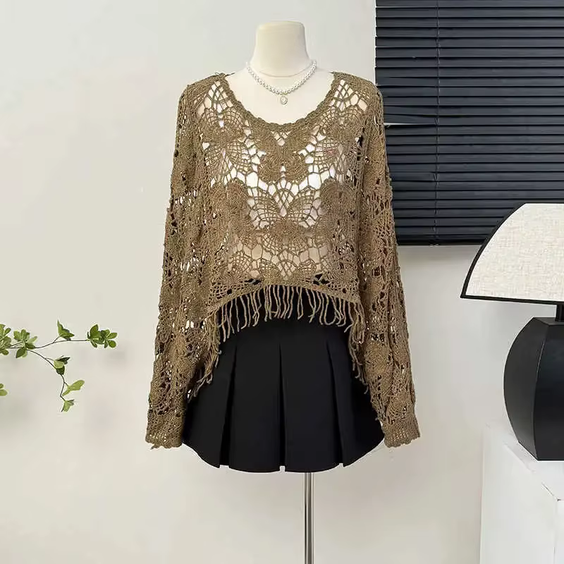 Poncho court en tricot à franges avec manches chauve-souris pour femmes
