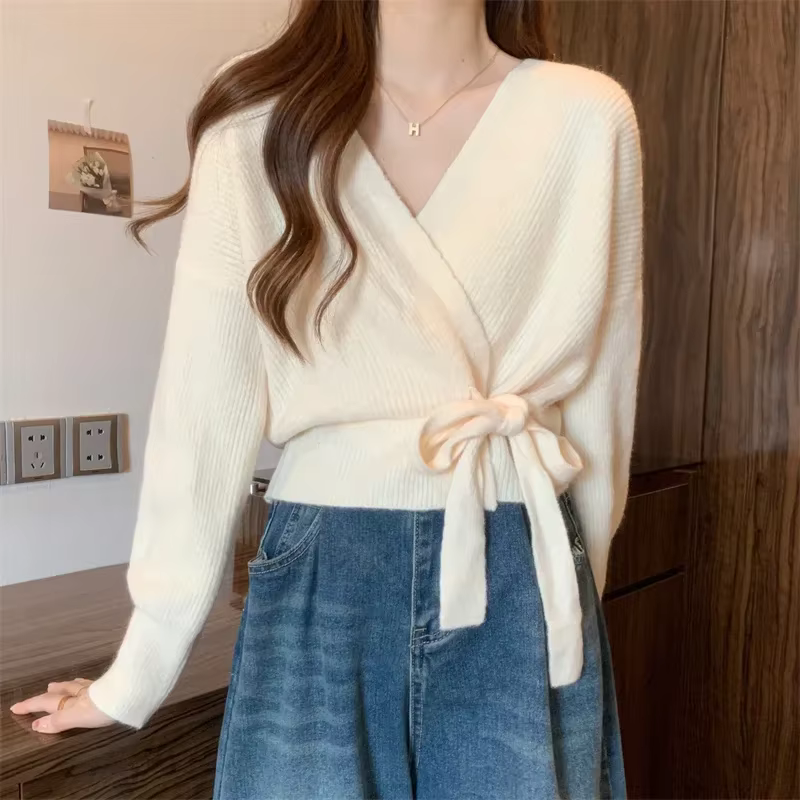 Cardigan portefeuille tricoté pour femmes, avec cravate latérale, surplis sur le devant, veste pull, automne hiver, mode élégante pour dames