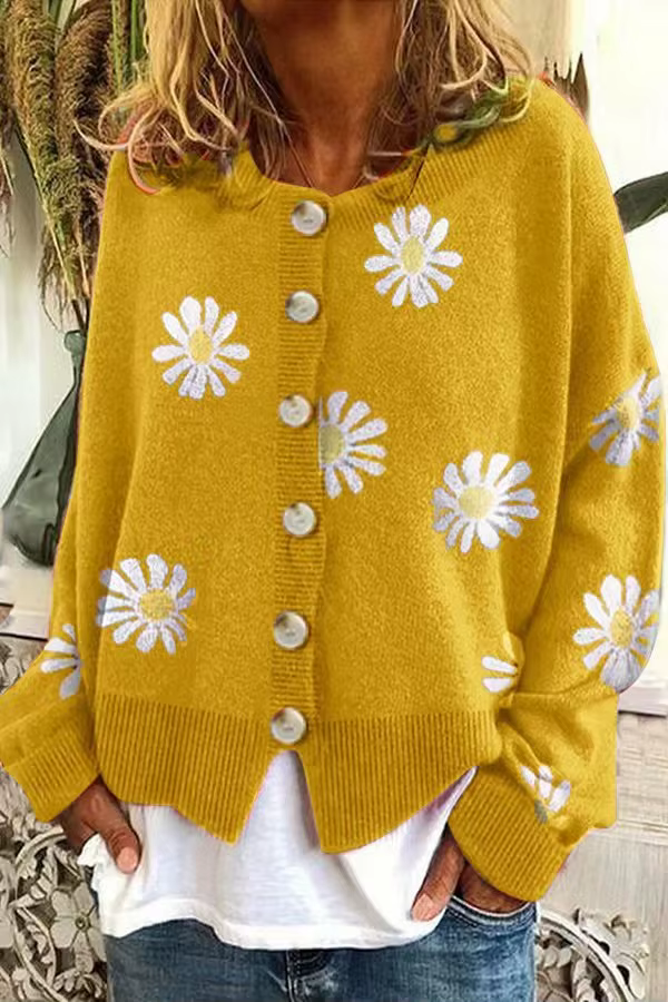Femmes Cardigan pull tricoté col rond femme automne chrysanthème tricot chandails mode