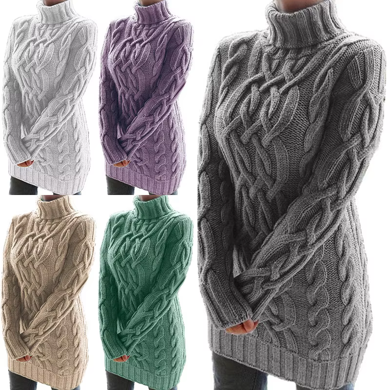 Automne hiver épaissir pull robes pour femmes col roulé à manches longues tricoté rétro chandails dames pulls