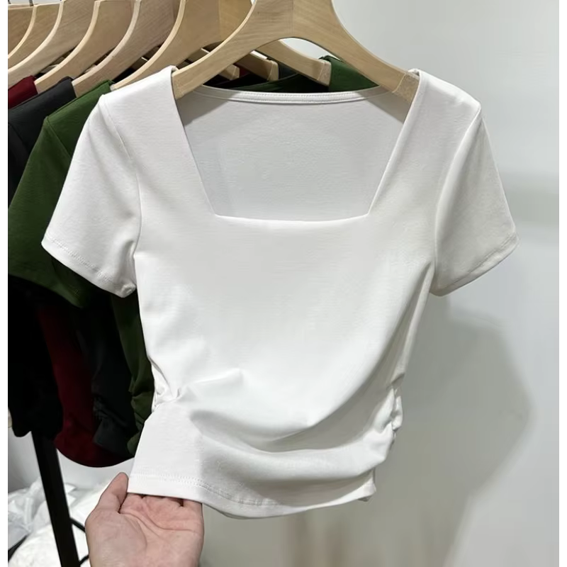 T-shirt à manches courtes et col carré pour femmes, nouveau haut d'été Slim Chic à belle taille