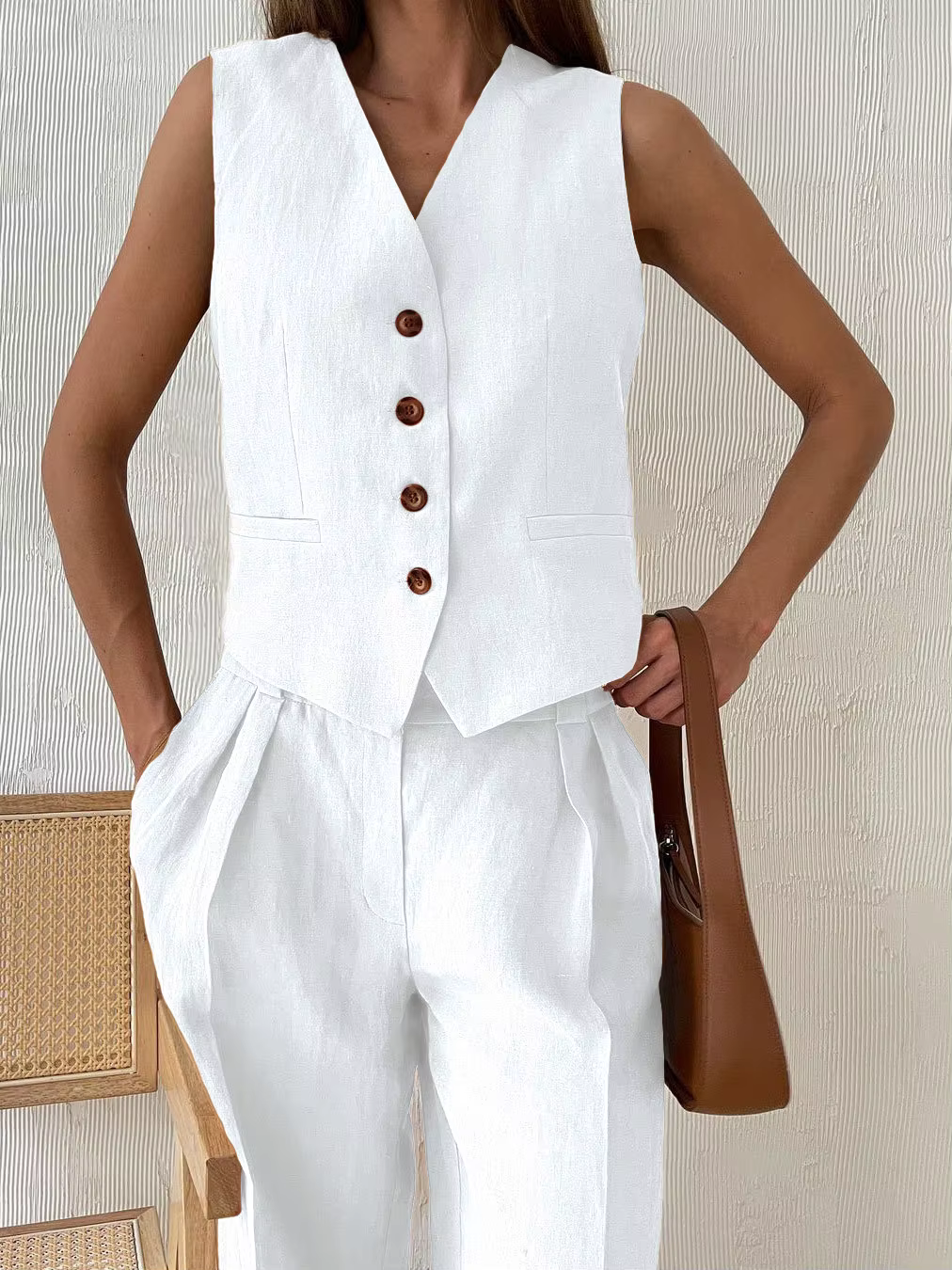Été femmes gilet haut pantalons décontractés deux pièces costume 2025 nouvelle mode féminine gilet sans manches taille basse pantalon costume coton lin ensemble